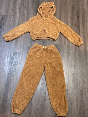 Girls Brown Teddy Sherpa Bear Ear Hoodie Jogger Pants 2 Piece Set